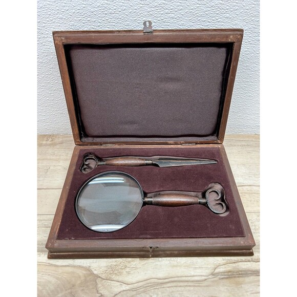 Vtg Desctop Magnifying Glass And Letter Opener Set In Wood Case